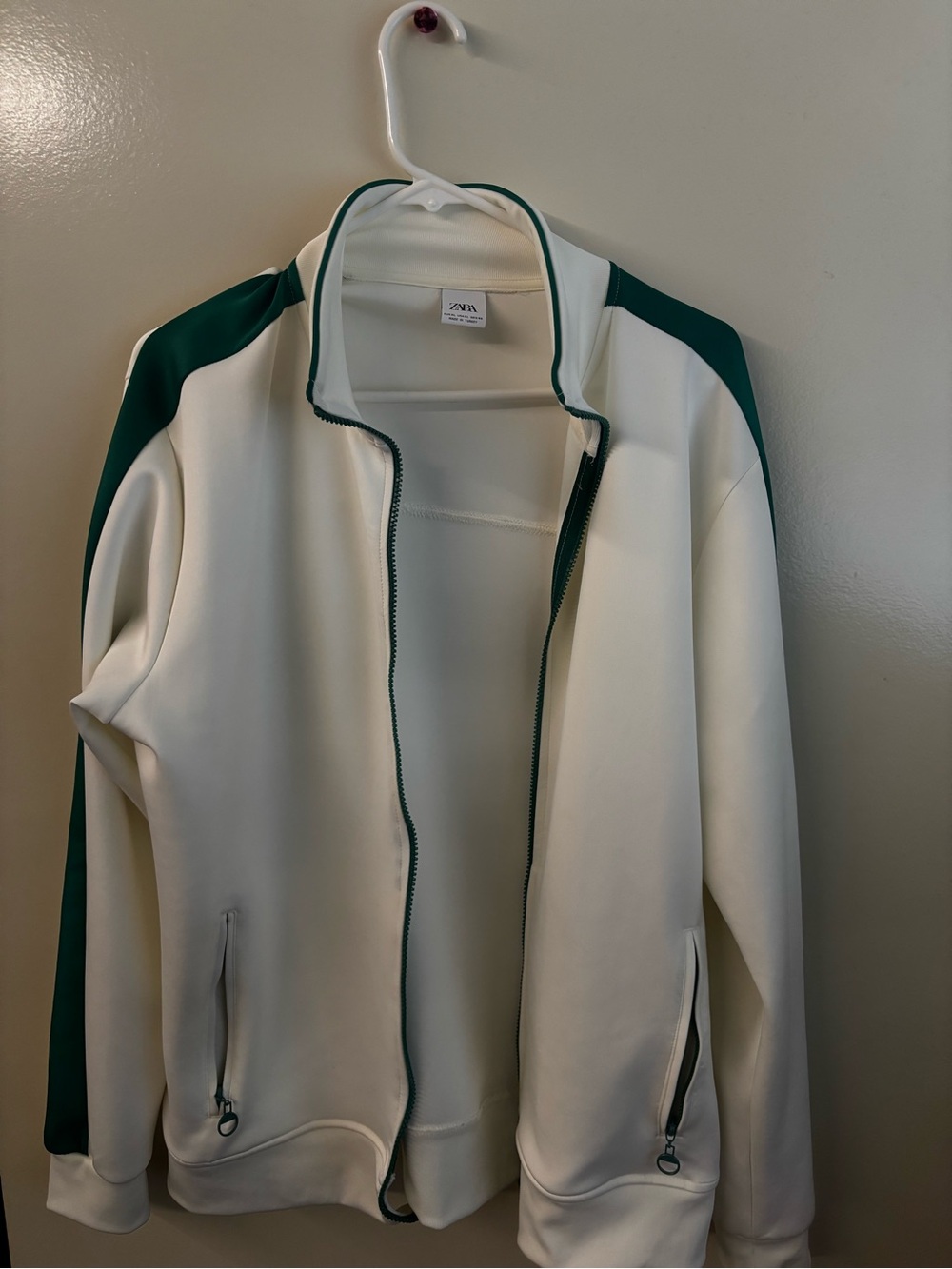Zara Men’s Cream Track Jacket with Dark Green Trim